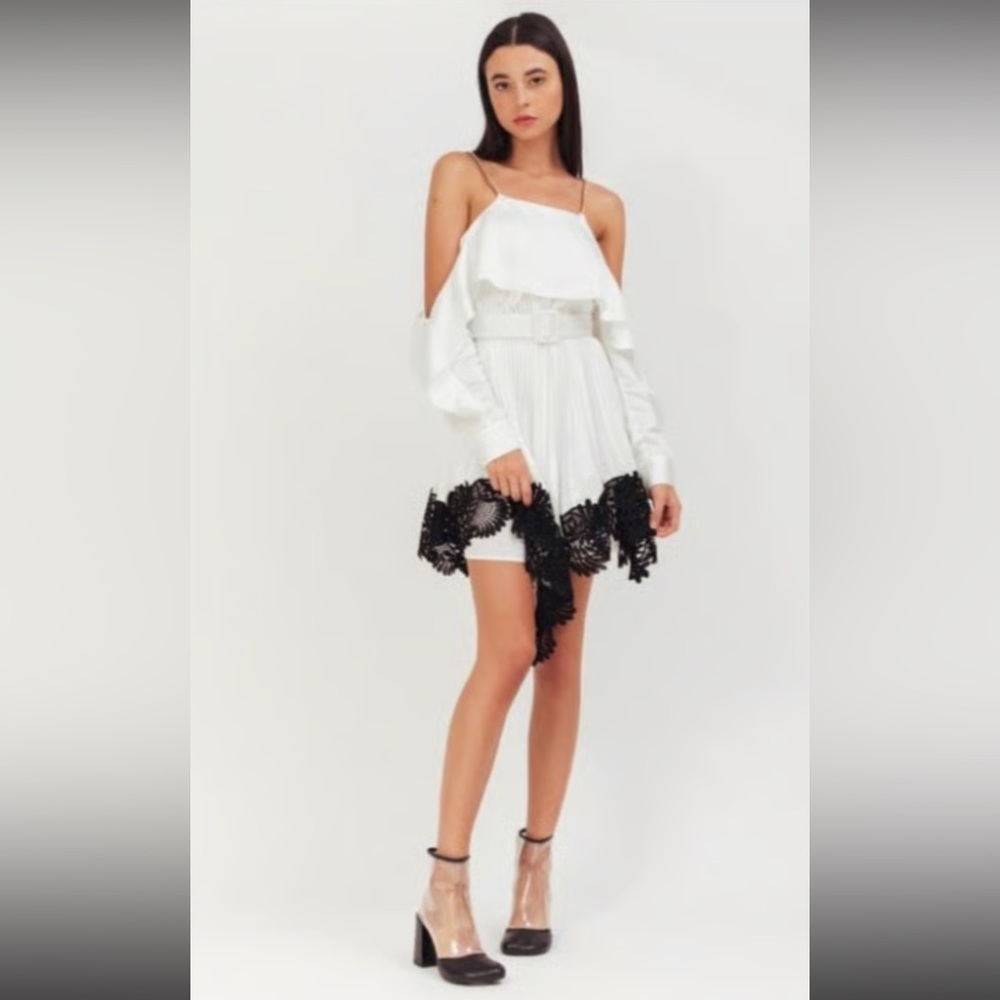 Self-Portrait Asymmetrical Pleated Chain Dress with Lace Hem